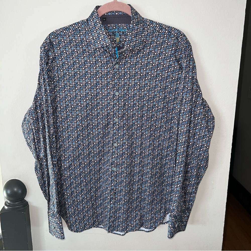 Luchiano Visconti Black Shirt 100% Cotton Multicolor Geo Circles Print Men's L